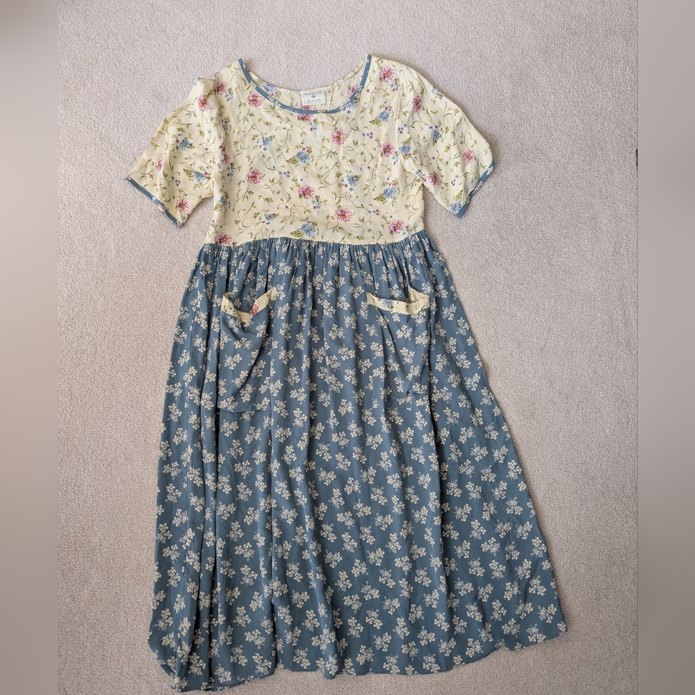 Rare Nathalie Seaver Elegant Floral Maxi Dress in Cream and Blue Whimsigoth